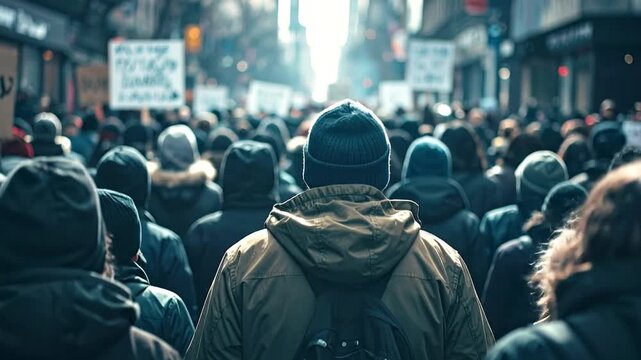 Crowd of people marching in protest or demonstration with signs and banners