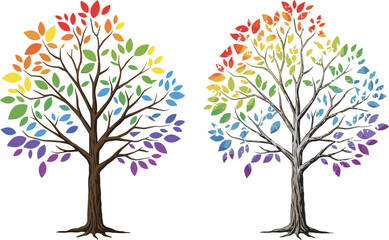 Colorful rainbow tree illustration, diversity nature concept, vibrant multicolor leaves, growth and unity symbol, eco art design, modern nature background