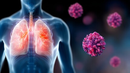 Human respiratory system illustration showing lungs with glowing details, surrounded by virus particles, emphasizing health, disease, and biological processes in a visually striking manner