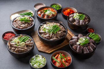 Korean traditional food, sundaeguk and side dishes 한국의 전통음식인 순대국과 반찬들