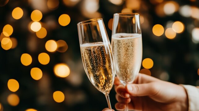 Hands holding champagne flutes filled with sparkling wine, making a toast during a festive celebration with blurred lights - Powered by Adobe