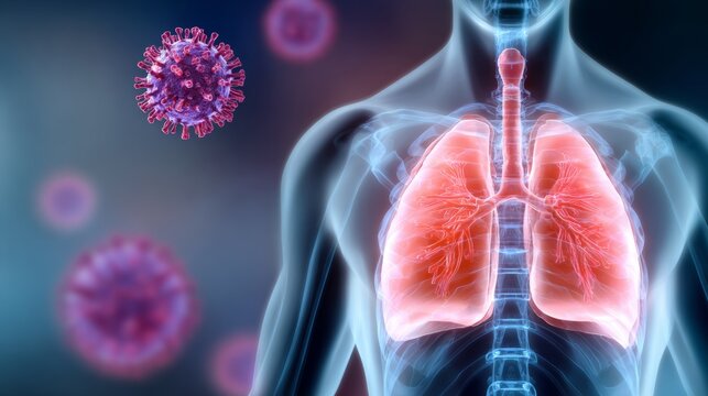 Detailed anatomical illustration of human lungs with highlighted respiratory system, showcasing virus particles in the background, representing health and disease interaction in a medical context - Powered by Adobe