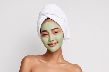Woman with a matcha face mask smiles, promoting natural skincare