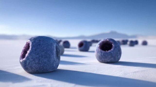Close-up of crystal geodes on a vast, snow-covered plain, with a mountain range in the distance