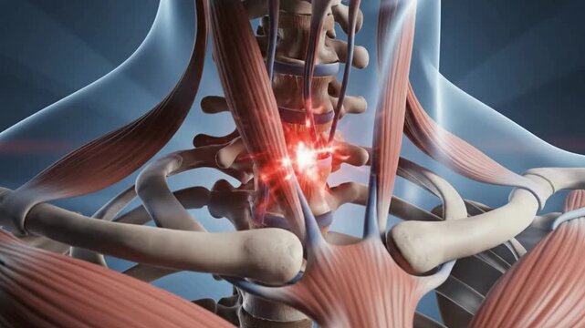 Anatomical video showing human skeleton and muscles of upper body, perfect for medical education or health content with a modern, clean look