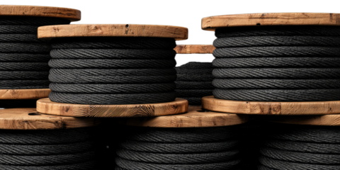 Spools of Black Rope in a Warehouse Setting, Detailed Close-Up, Modern Environment