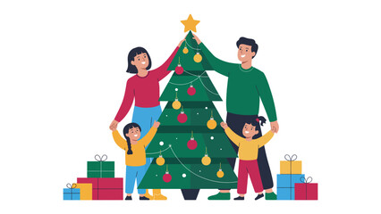 Christmas Tree Decoration: A happy family of four joins together to adorn a Christmas tree, their faces beaming with holiday spirit and the joyful anticipation of the season.