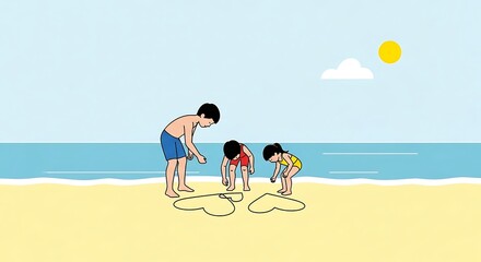 Children playing in the sand on a sunny beach day.