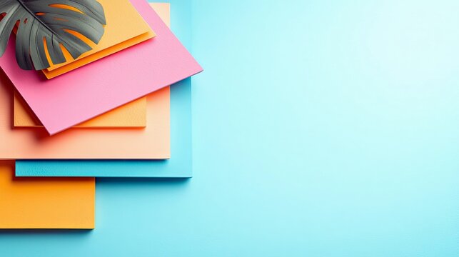 A stack of overlapping paper sheets in vibrant colors like orange, pink, and blue, topped with a dark green tropical leaf, set against a solid light blue backgr