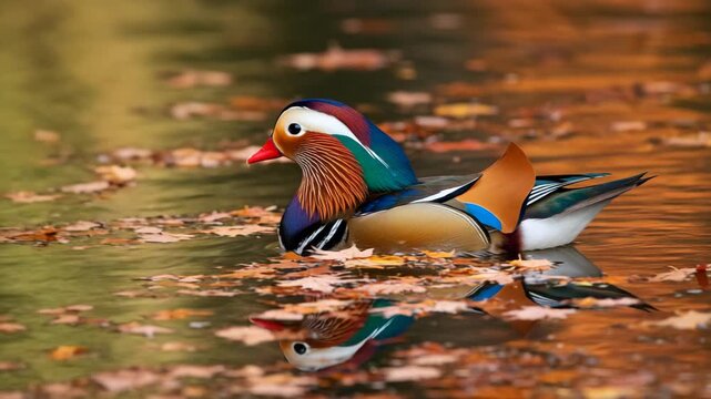 A vibrant mandarin duck gliding peacefully on a reflective water surface surrounded by autumn leaves showcasing natural bird beauty and tranquility.
