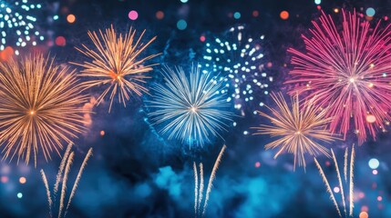 Bright colorful fireworks bursting in a dark night sky creating an exciting backdrop for celebrations and special holiday events with copy space