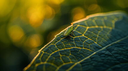 Macro shot of a tiny, brilliant green shield bug resting on a leaf with sunlit, glowing veins and bokeh