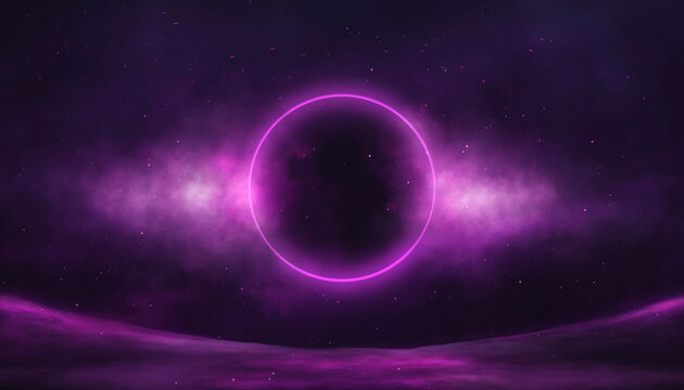 Night fantasy landscape with neon lighting. Purple circle in a cloud of smoke on a black background. Abstract space fog.