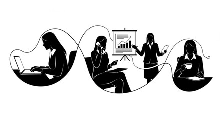 Office Woman Silhouette Vector Showing Daily Gestures — Typing, Phone Call, Presentation, Relaxation

