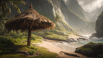 Fototapeta premium Thatched Umbrella on Tropical Beach with Mountainous Coastline
