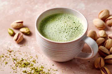 Textured close-up of creamy pistachio milk in a cup