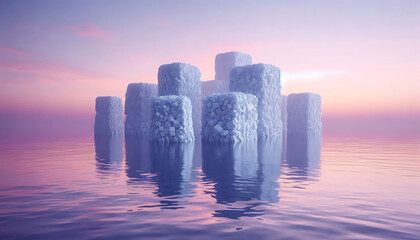 Massive plastic monoliths rising from a calm ocean during sunrise, highlighting severe environmental damage, water pollution concept