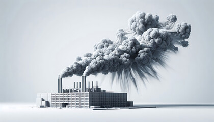 Large factory releasing smoke that transforms into delicate soot shaped flowers rising through the sky, industrial pollution concept