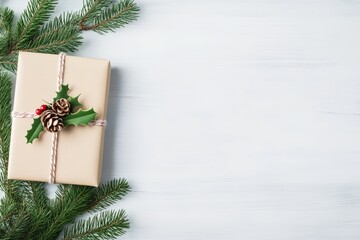 Holiday gift box wrapped in kraft paper, decorated with holly and pine cones, placed on a light wooden surface