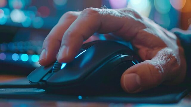Gamer's hand expertly controlling a high-performance illuminated computer mouse during an intense online session, vibrant bokeh lights in the background creating an immersive digital environment