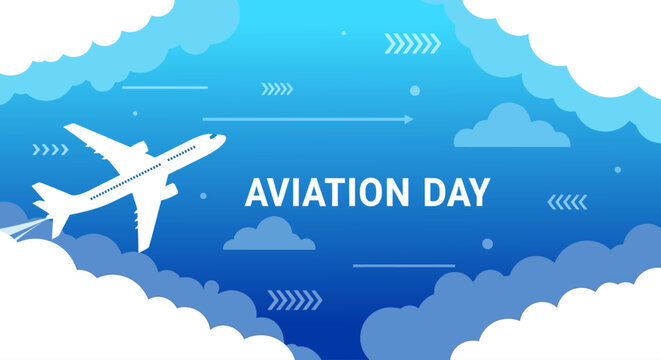 Aviation Day Airplane Flying Through Clouds Vector Illustration