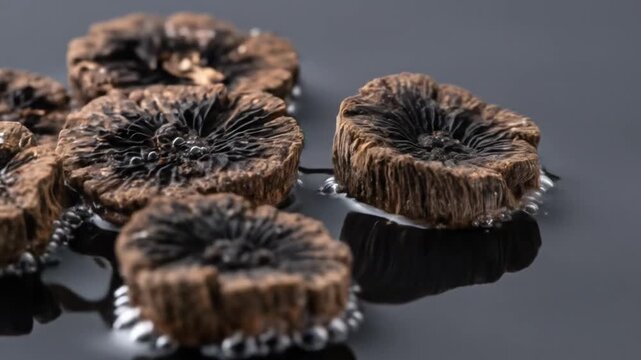 Seven round, brown objects sit in a liquid, reflecting their shapes, showcasing textures and details