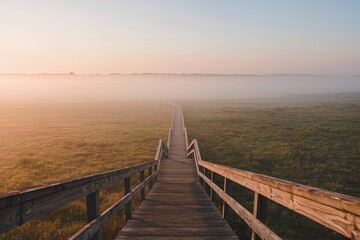 Obraz premium Mist-covered path leads to distant fields at dawn with serene colors blending in a minimalist setting