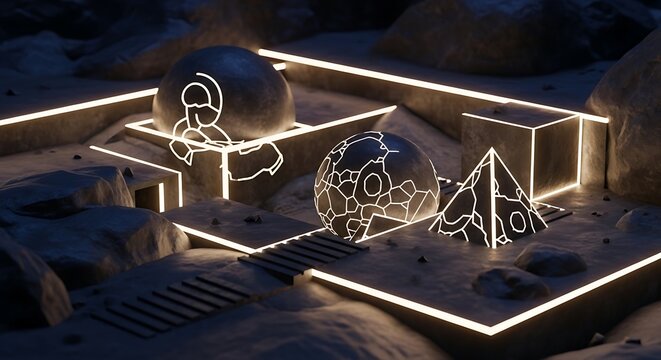 Abstract Geometric Shapes Illuminated by Neon Lights on a Dark Surface.