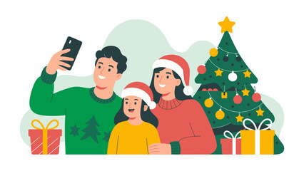 Holiday Selfie: A festive family captures a cheerful moment with a selfie against the backdrop of a decorated Christmas tree and wrapped presents, evoking warmth, togetherness, and holiday spirit.