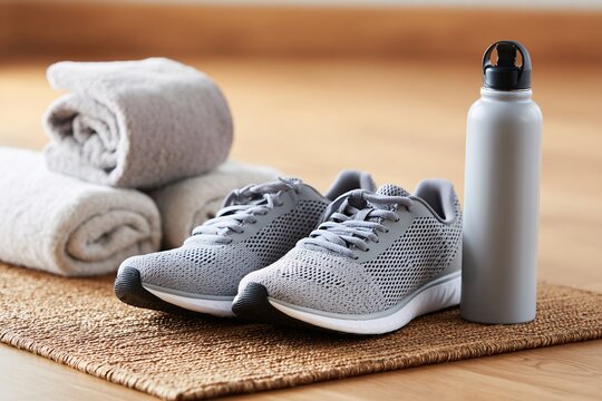 Workout essentials arranged neatly in a fitness space