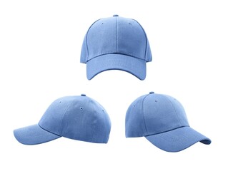 A washed denim light blue baseball cap displayed in three angles - front, left, and right on white background.