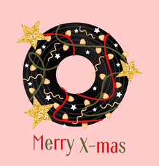 Illustration of a New Year's radio record with garlands on a pink background.