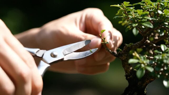 A hand pruning a small Bonsai tree outdoors
