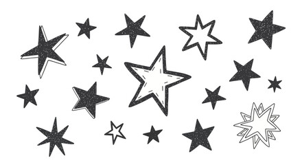 A collection of hand-drawn doodle stars in various shapes and sizes on a white background.