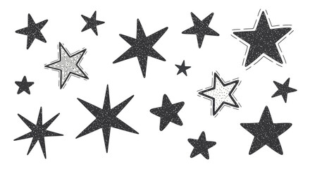 Obraz premium Collection of various hand-drawn sparkling stars and abstract geometric shapes on a white background, perfect for festive decorations and creative designs