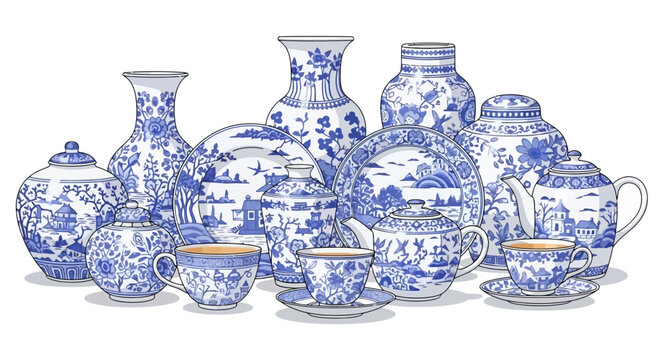 An illustrated collection of classic blue and white porcelain tableware, including vases, plates, teapots, and cups with landscape patterns.