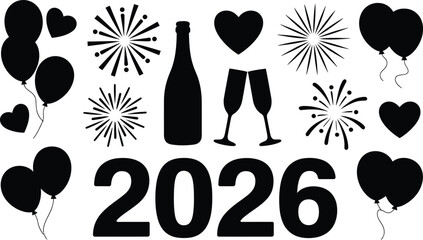 A celebratory design featuring balloons, hearts, fireworks, champagne, and the year twenty twenty six
