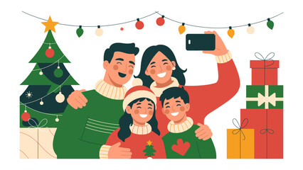 Festive Family Portrait: A cheerful family gathers in front of a Christmas tree, radiating warmth and togetherness while capturing a joyful selfie.
