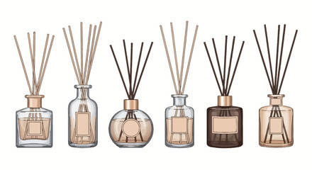 A collection of six glass reed diffusers with various bottle shapes and colored liquids.