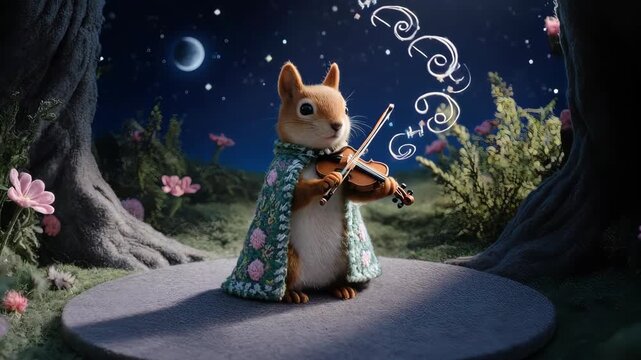 A squirrel in a cloak plays violin under a starry night sky with musical notes