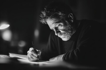 A hardworking man in his 20s to 50s, captured in a dark-toned atmosphere with a single symbolic beam of light representing effort, perseverance, passion, and relentless dedication as he works with int