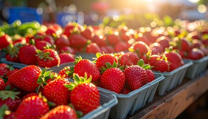 Rows of Fresh, Ripe Strawberries Glowing in Bright Summer Sunlight