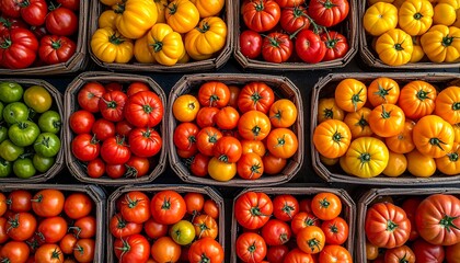 Overhead Grid of Multi-Colored Heirloom Tomatoes in Woven Baskets