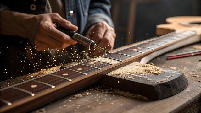 Crafting guitars with passion and precision, a luthier shaping a neck with sparks flying for ultimate sound quality, showcasing artistry and dedication