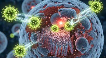 Scientific visualization of a virus infecting a cell, illustrating disease and biological processes