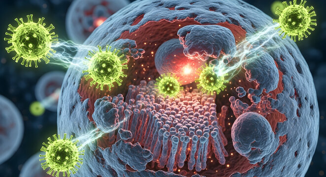 Scientific visualization of a virus infecting a cell, illustrating disease and biological processes