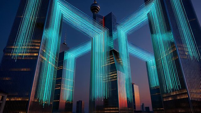 Futuristic financial city skyline with glowing neon blue data lines forming a network structure over a river at dusk, illustrating smart city and fintech concepts in a cinematic 3D animation - Powered by Adobe
