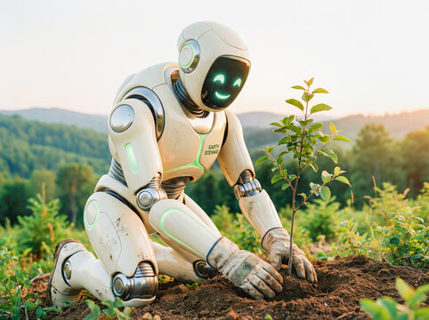 Futuristic robot planting small green tree in soil nature ecology concept technology environment protection artificial intelligence restoration sustainability forest growth care future planet hope 