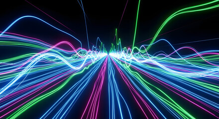 Vibrant neon light trails and glowing energy waves moving through a futuristic digital data highway
