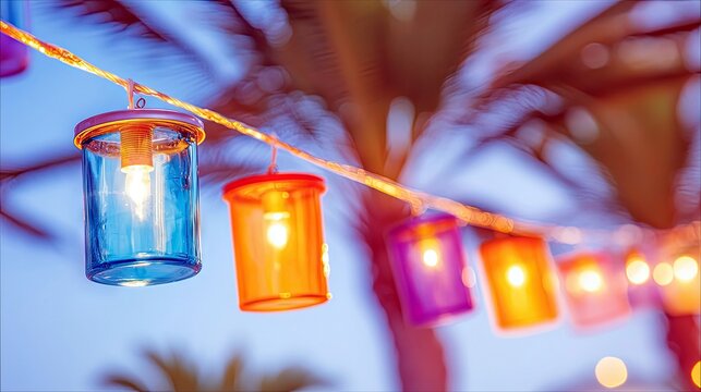 A string of colorful glass lanterns, illuminated and hanging against a twilight sky with a blurred palm tree in the background. - Powered by Adobe
